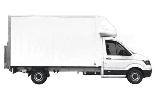 White Luton box van with tail lift in side profile